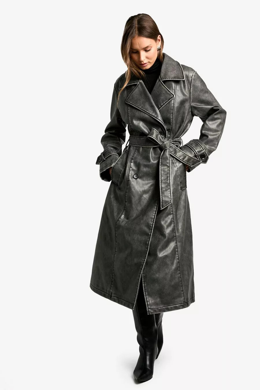 Vintage Look Faux Leather Trench Coat | boohoo (US & Canada)