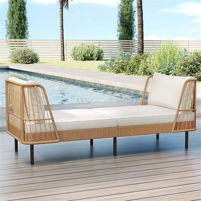 2-Seat Outdoor PE Wicker Daybed, Dual-Function Backrest Armrest Patio Loveseat | Amazon (US)