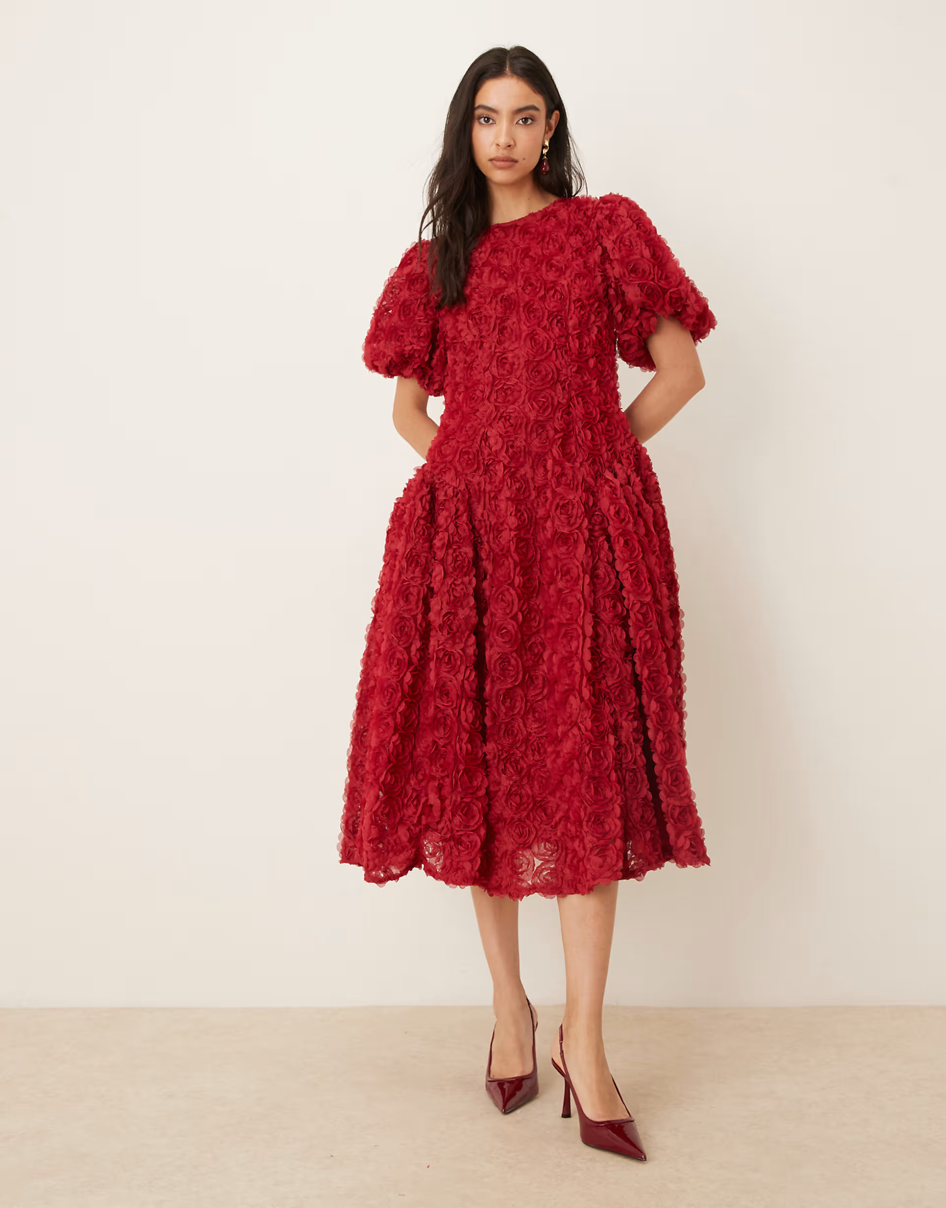 Dream Sister Jane Cabaret 3d floral puff sleeve dropped waist midi dress in red | ASOS (Global)