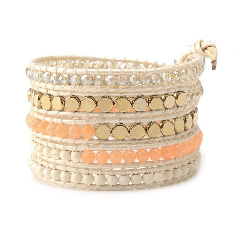 Peach Crystals with Gold Coin Beads on Ivory | Victoria Emerson