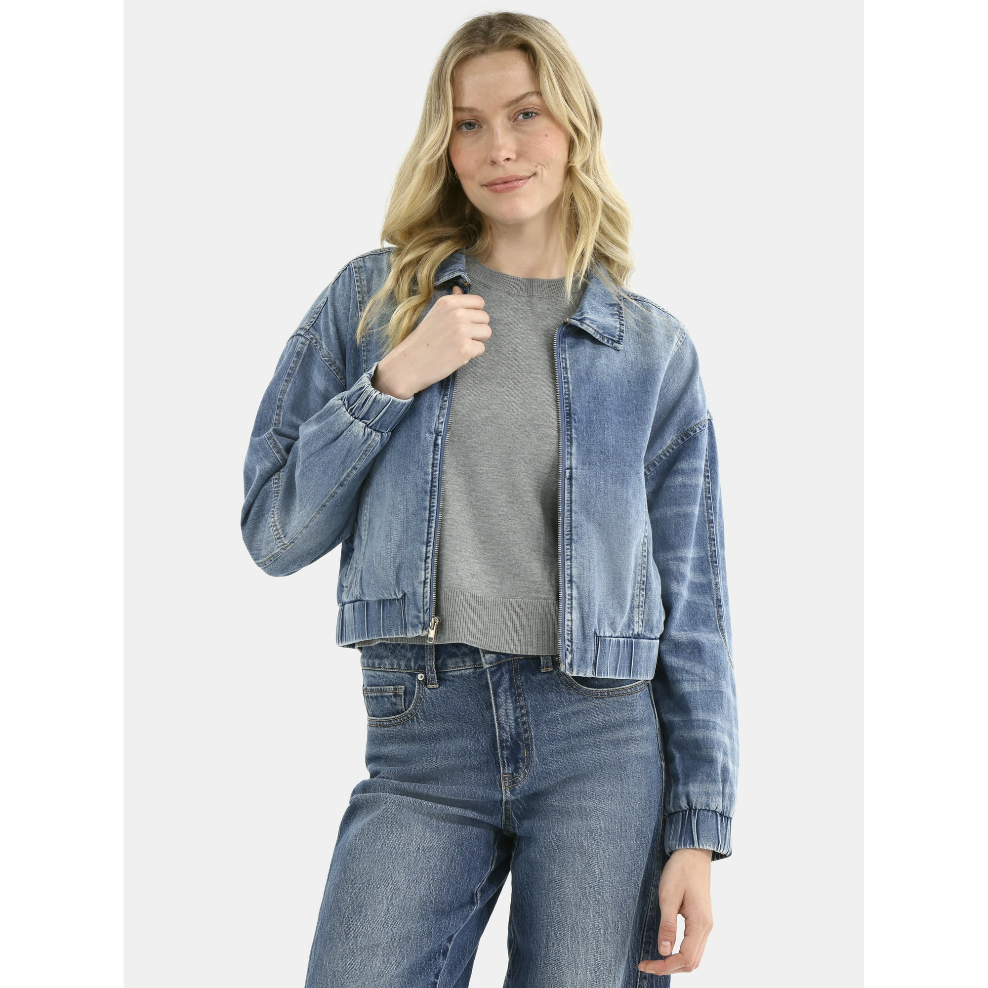 Time and Tru Women's Cotton Denim Bomber Jacket, Sizes XS-XXXL | Walmart (US)