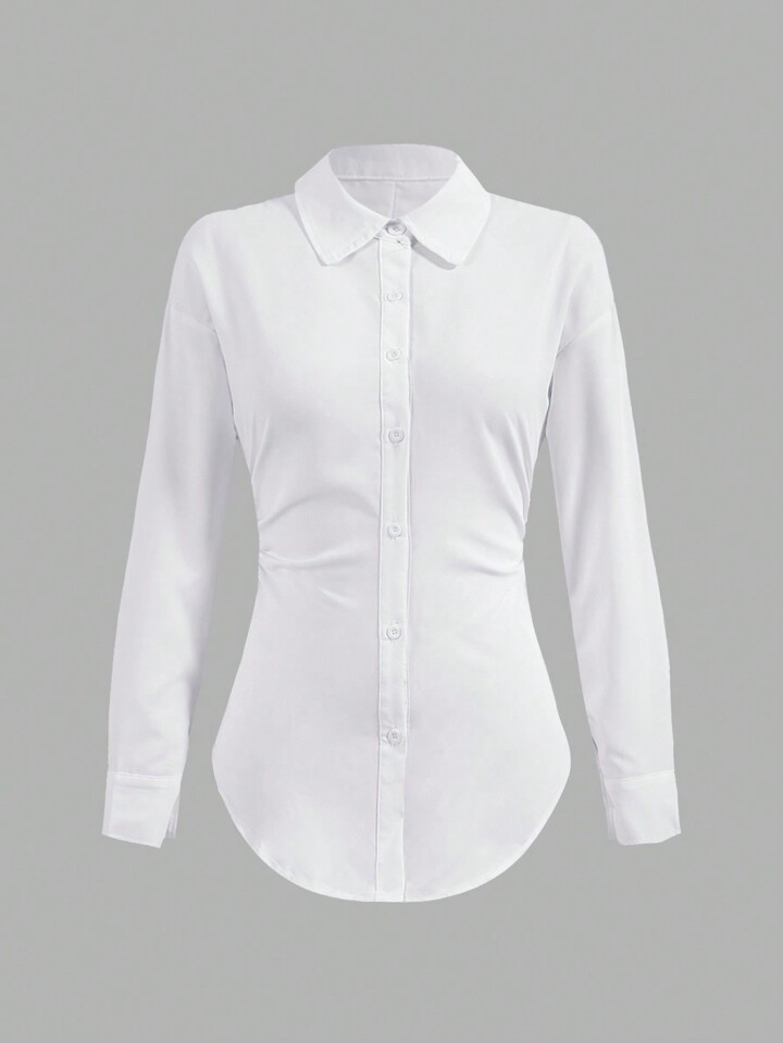 SHEIN EZwear Solid Color Pleated Waist Irregular Hem Long Sleeve Shirt | SHEIN