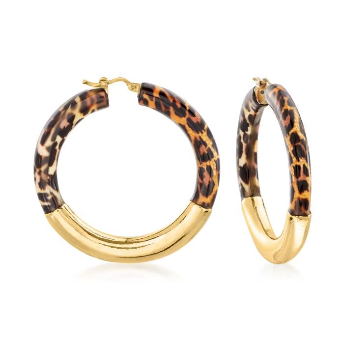 Italian Leopard-Print Enamel and 18kt Gold Over Sterling Hoop Earrings. 1 3/4" | Ross-Simons