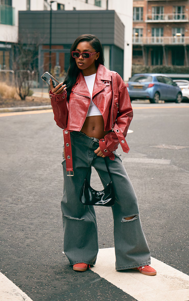 Bright Red Patent Faux Leather Belt Detail Cropped Biker Jacket | PrettyLittleThing US