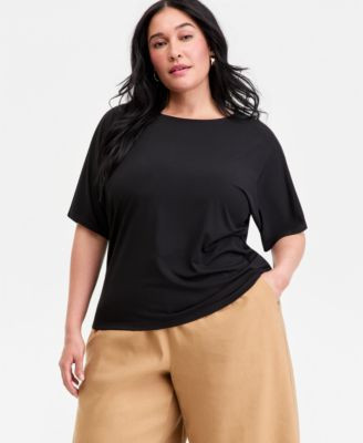 I.n.c. International Concepts Plus Size Ruched-Side Short-Sleeve Top, Macy's Exclusive - Deep Black | Macy's