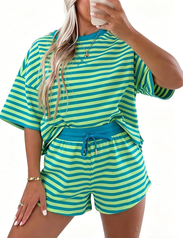 Ecosunny Womens 2 Piece Lounge Sets Matching Sets Stripe Drop Shoulder Boxy Casual Terry Short Se... | Amazon (US)