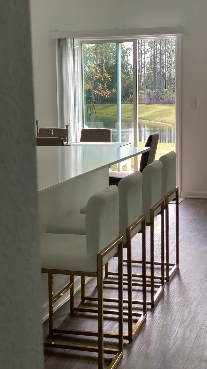 So pretty and elegant counter Chairs 👌🏼🤩 leather fabric white and gold bar stools with back 

#LTKWatchNow #LTKGiftGuide #LTKHome