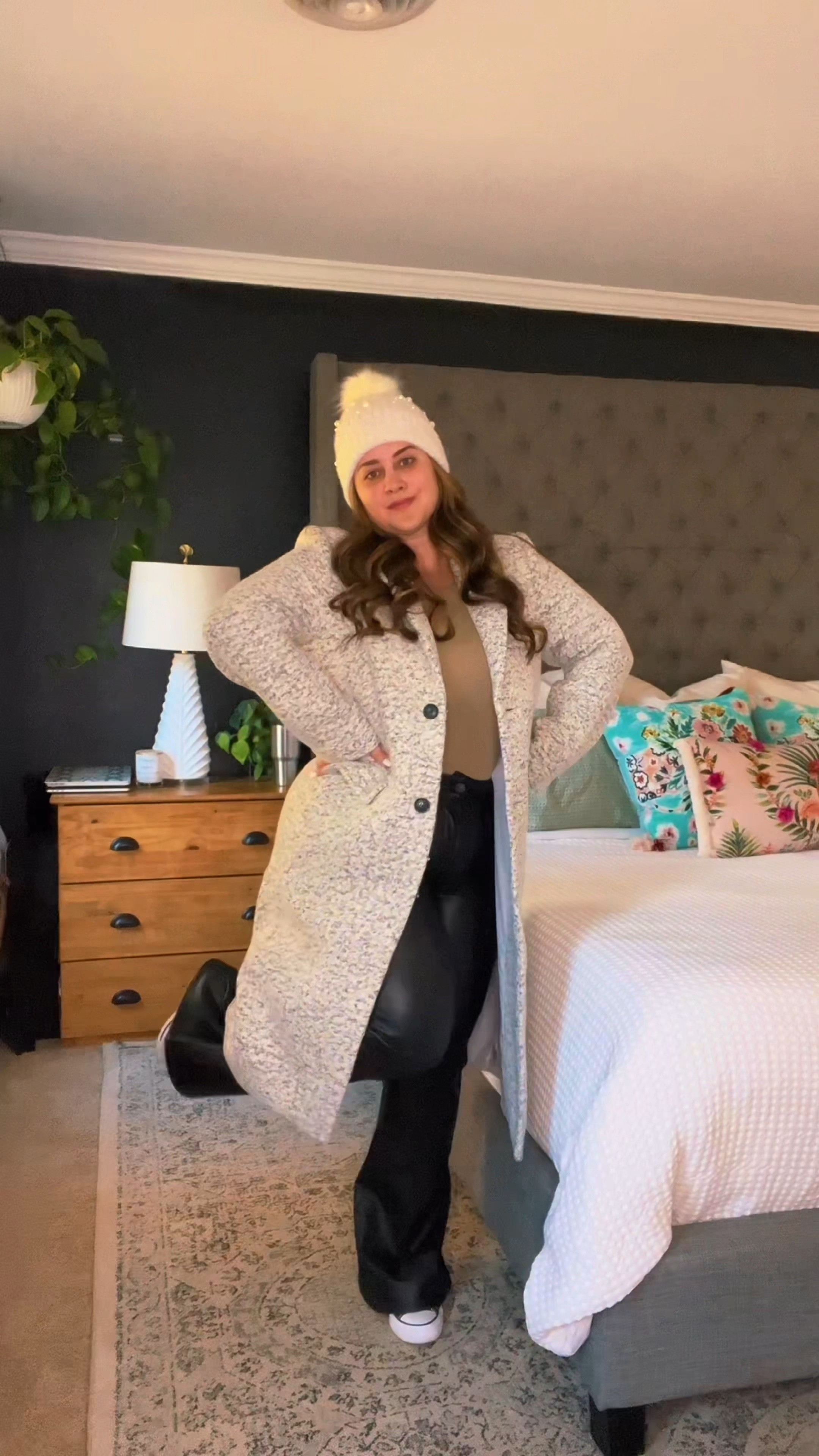 Winter outfit ideas, styling faux leather pants, 

Jeans are AE, size 14. Have some stretch and are WARM. 

Original jacket is from Loft last season. Linked I similar one without the buttons. 

#size14 #ltkcurves 

#LTKmidsize #LTKstyletip