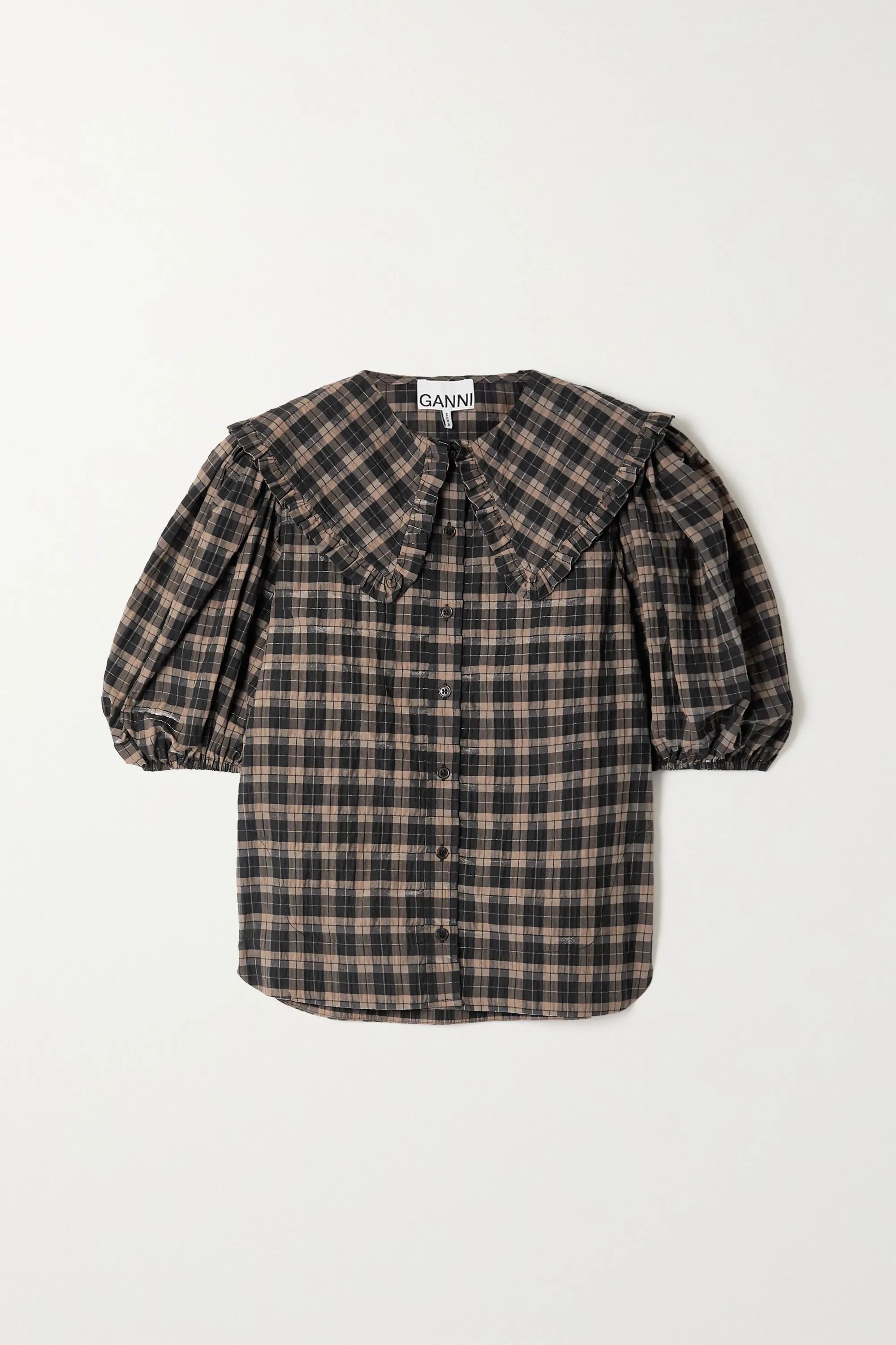 Black Ruffled checked organic cotton-blend seersucker blouse | GANNI | NET-A-PORTER | NET-A-PORTER (US)