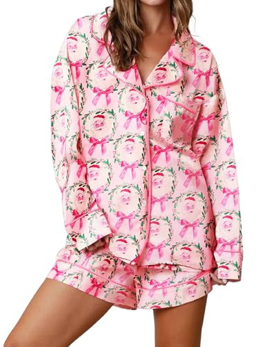 KMBANGI Women Christmas Pajama Shorts Set Santa Bow Colorful Print Pink Santa Claus Pjs Long Sleeve Shirt Shorts 2Piece Holiday Loungewear(Cute Pink Santa Bow Pj,S) | Amazon (US)