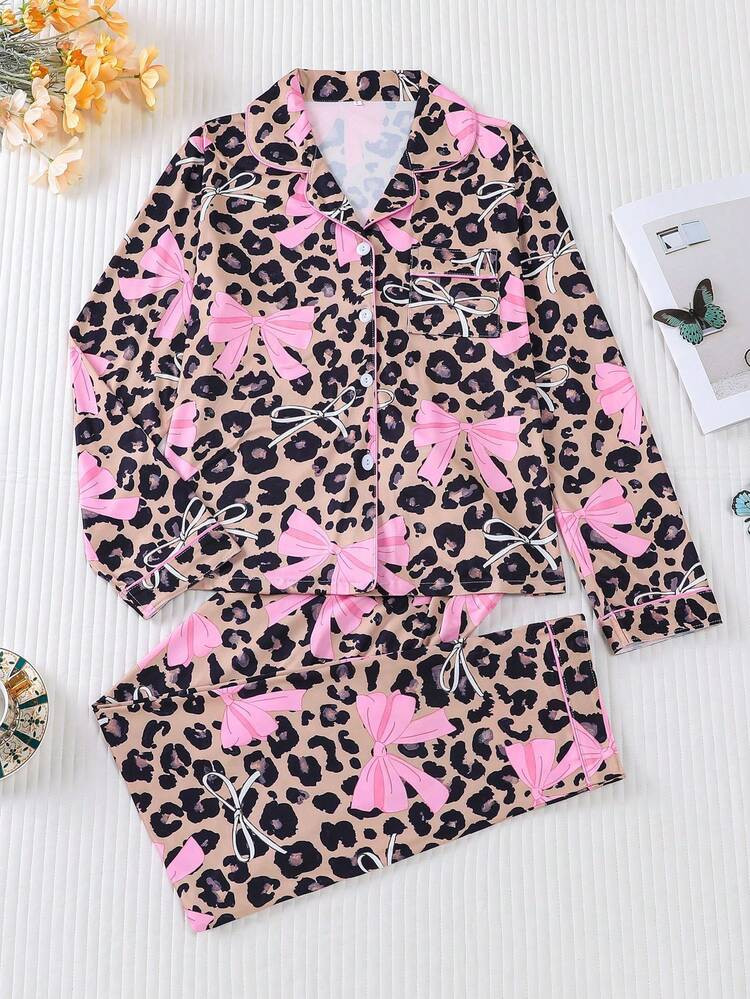 Cheetah Print Pajamas with pink bows | SHEIN
