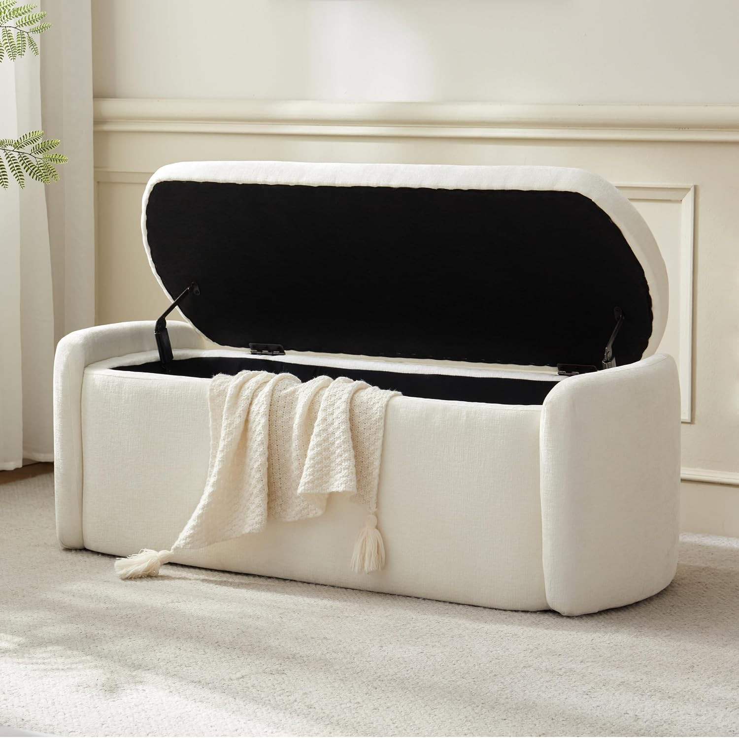 VKNOW Storage Bench, Upholstered Storage Ottoman Bench with Hinge, Cream | Amazon (US)