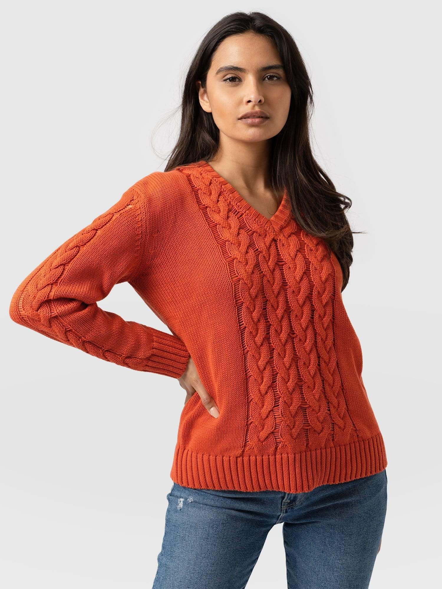 Cotton Cable Knit Sweater - Orange | Saint + Sofia (Global)
