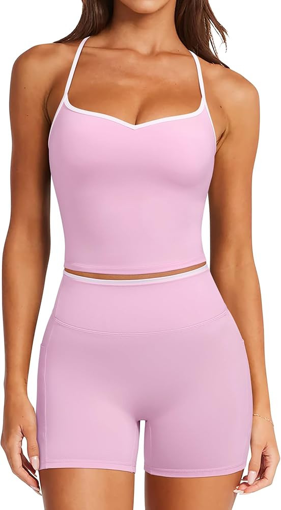 RXRXCOCO Color Block Workout Sets for Women 2 Piece Padded Strappy Tank Tops Hidden Scrunch Booty... | Amazon (US)