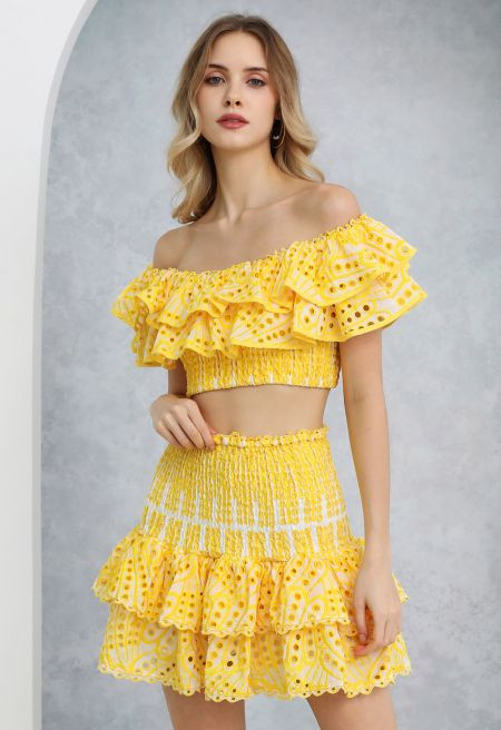 Ruffled Off-Shoulder Shirred Crop Top and Mini Skirt Set in Yellow | Chicwish