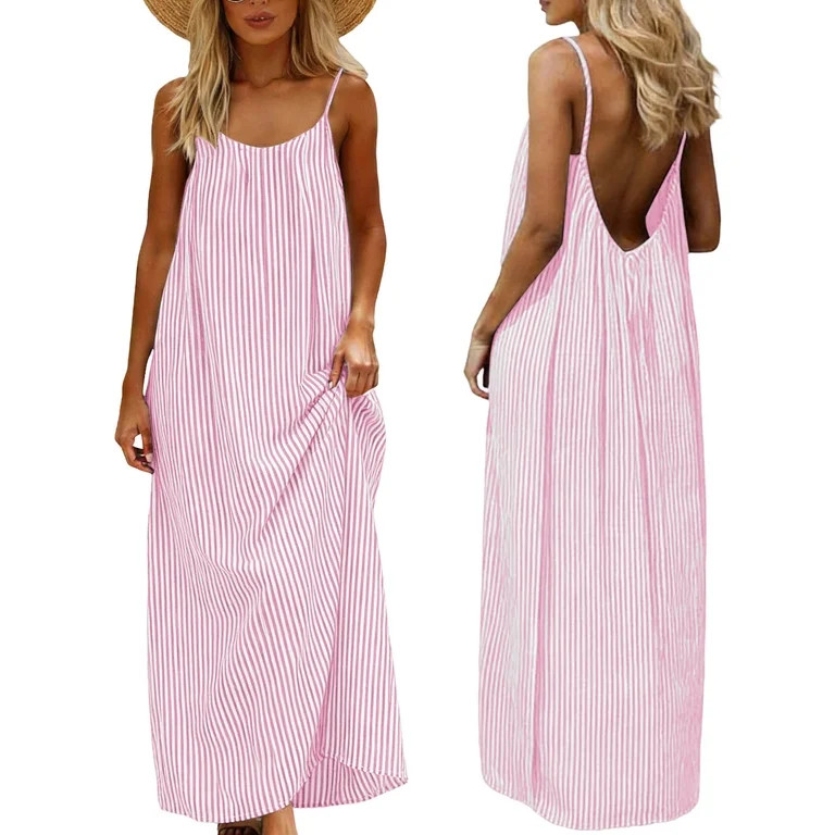 Byworldtasic Women's Maxi Dress Summer Striped Sundress 2026 Spring Smocked A Line Long Flowy Dre... | Walmart (US)