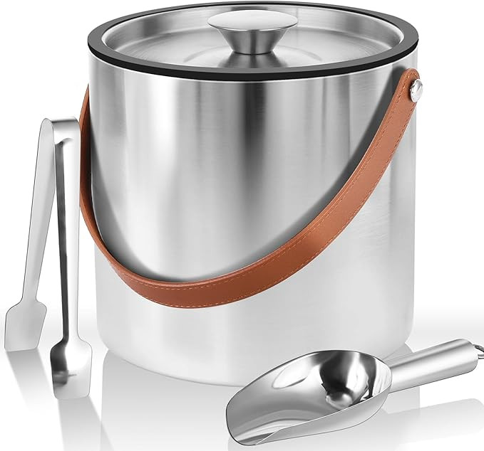 Double-Wall Vacuum Insulated Ice Bucket with Lid, Scoop, Ice Tong, Strainer & Leather Handle Keep... | Amazon (US)