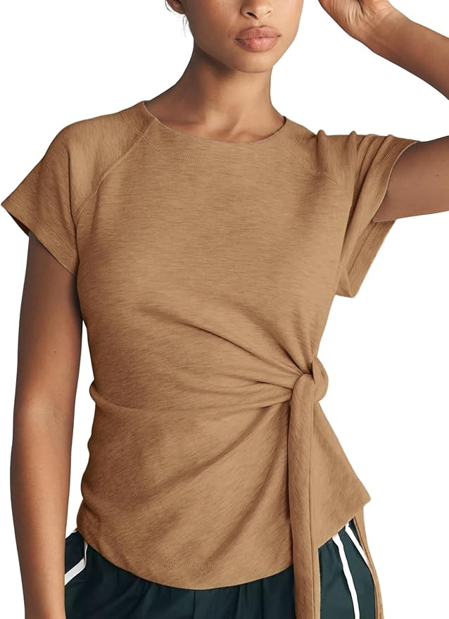 Watashi Women Knot Front Short Sleeve Crew Neck Top Summer Stretch Knit Casual Athletic Blouse | Amazon (US)