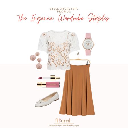 Pairing a lace or eyelet top with an a-line skirt is a quintessential Ingenue vibe. It can be dressed up or down for work or a night out on the town. Pairing structured jewelry accents like a thicker banded watch adds a level of sophistication!
#lacetop #pinkjewelry #balletflats

#LTKworkwear #LTKstyletip #LTKSeasonal