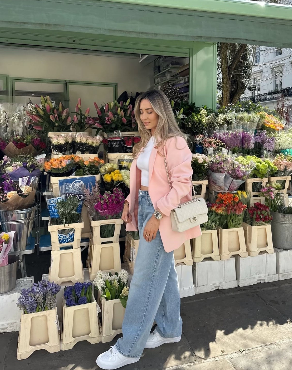 Spring is always prettier in pink 🌸 Zara pink blazer to elevate casual jeans and white tank top, wearing white Nike trainers and my Chanel flap bag for the ultimate city walk, weekend brunch outfit 

#LTKstyletip #LTKspring