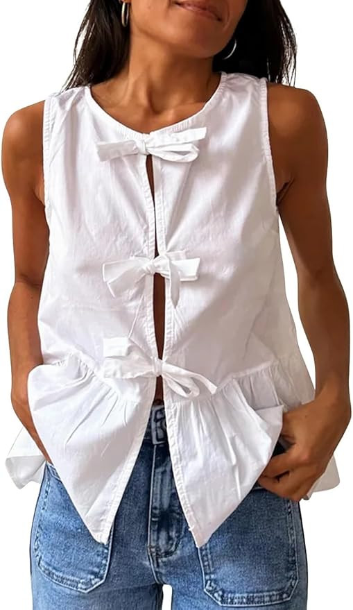 Women Tie Front Tank Top Sleeveless Ruffled Hem Peplum Top Cute Bow Tie Babydoll Vest Top Summer ... | Amazon (US)