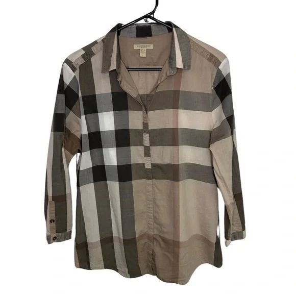 Burberry Brit Classic Check Button Up Blouse Shirt sz Large Tan Black and Red | Poshmark