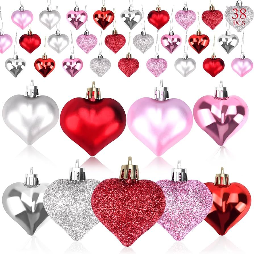 Valentines Day Heart Ornaments 38PCS Heart Shaped Baubles Hanging Ornaments with Glossy Glitter M... | Amazon (US)