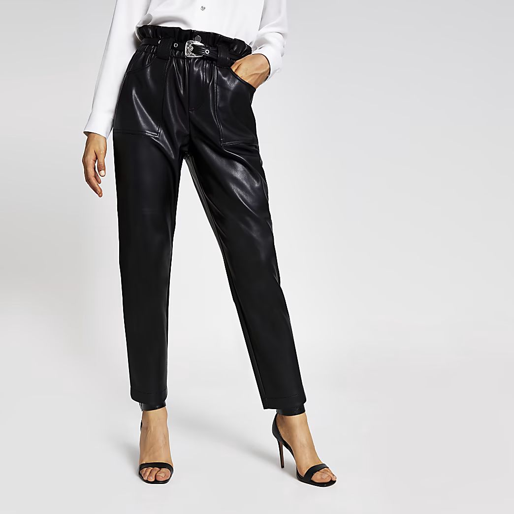 Black faux leather belted peg trousers | River Island (UK & IE)