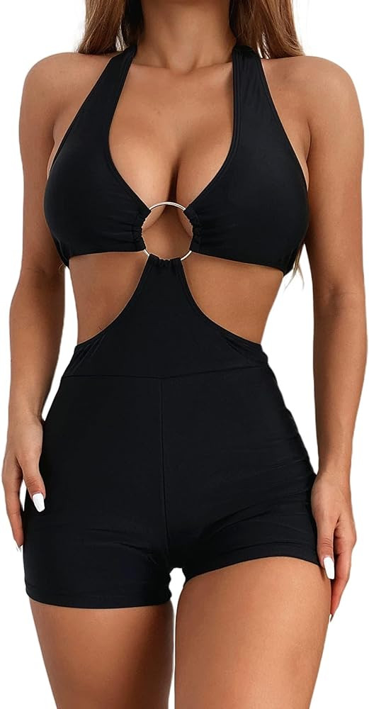 Hilinker Women's Halter One Piece Swimsuit O-Ring Cut Out Bathing Suit Monokini | Amazon (US)