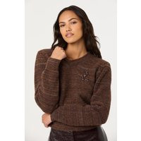 ASTR the Label | Dasia Embellished V-neck Sweater in Brown | Size S | ASTR The Label (US)
