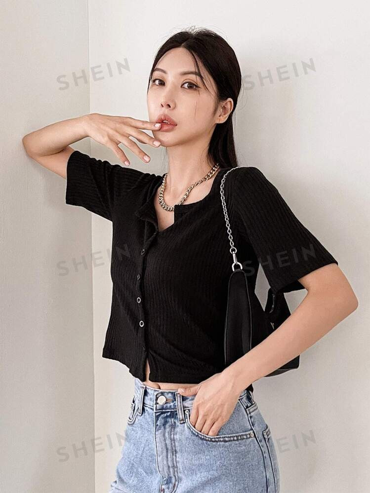 DAZY Solid Ribbed Knit Crop Tee | SHEIN | SHEIN