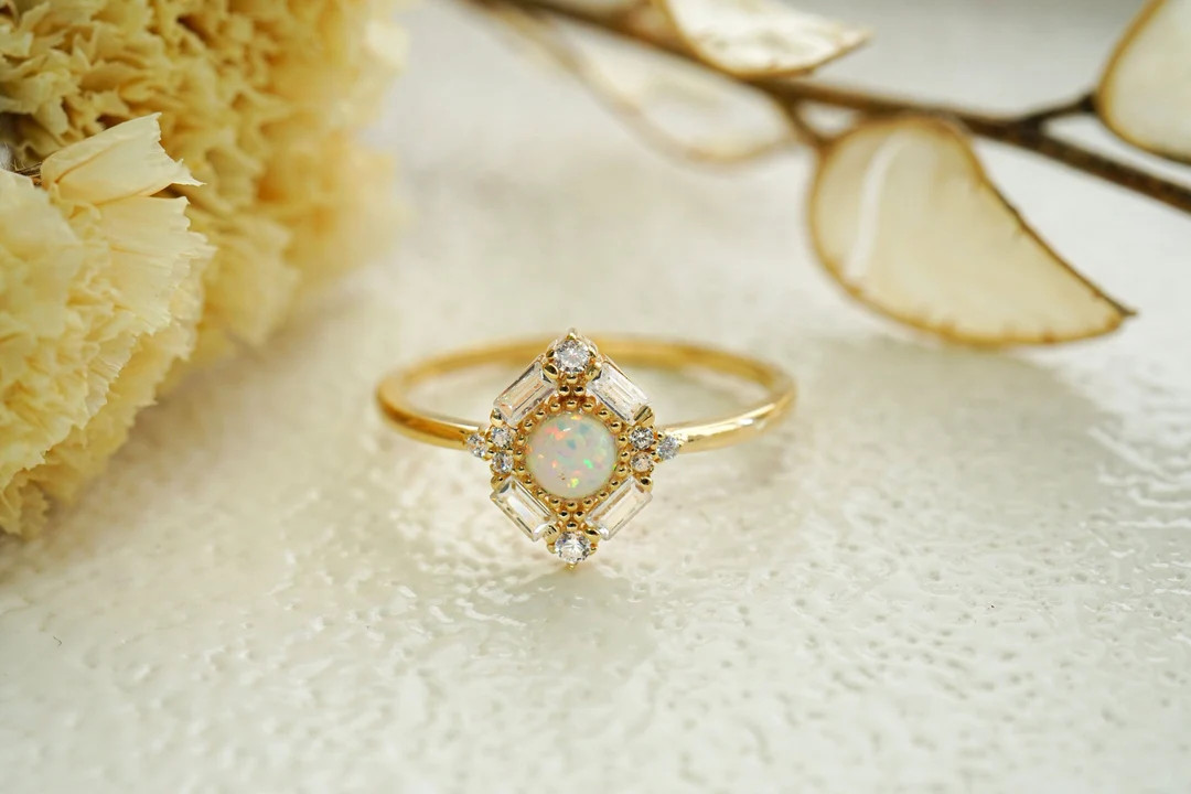 Oval Opal engagement ring yellow gold, wedding ring women, Unique Baguette Diamond jewelry, Anniv... | Etsy (US)