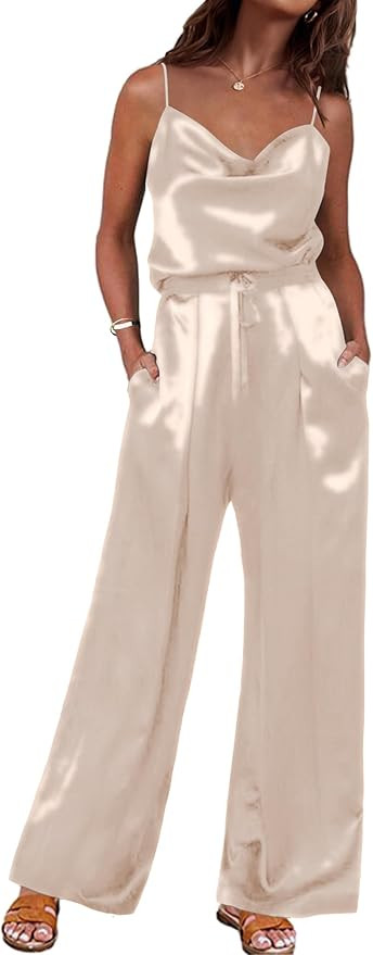 Ekouaer Pajamas for Women Silk Cowl Neck Cami Top Wide Leg Long Pants Set Satin Pjs Sleepwear 2 P... | Amazon (US)