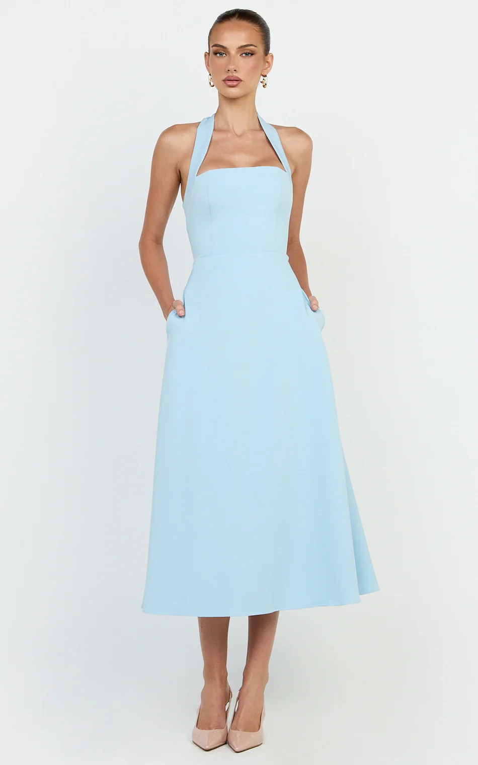 Halter Neck Fitted Bodice Midi Soft A Line Skirt Dress in Pale Blue | Showpo (ANZ)