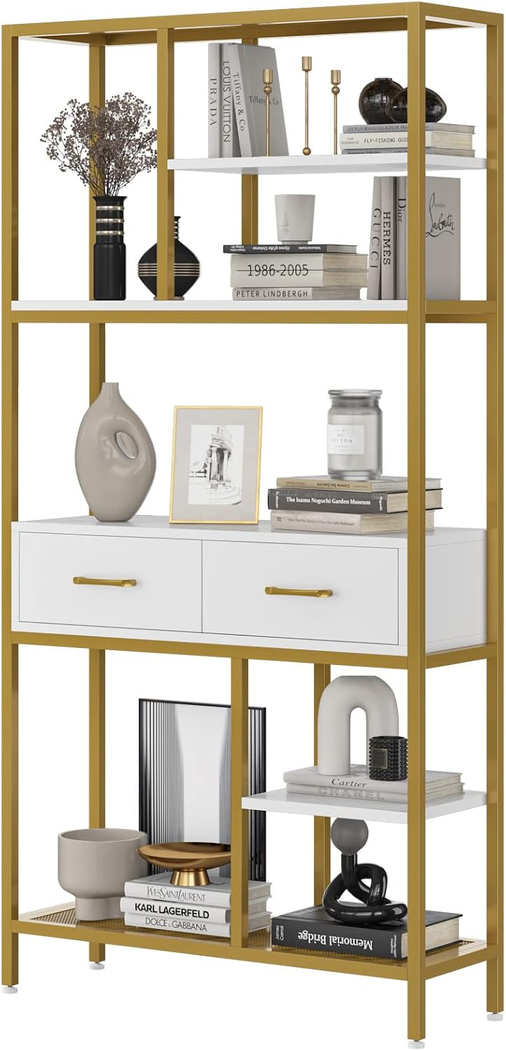 HITHOS Bookshelf, Tall Bookcase with 2 Drawers and Storage Shelves, Industrial Etagere Bookcase... | Amazon (US)