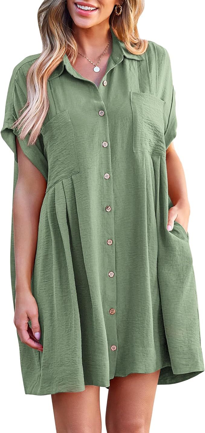 BTFBM Women's Button Down Shirt Dress 2024 Summer Short Sleeve V Neck Loose Flowy Casual Mini Bab... | Amazon (US)