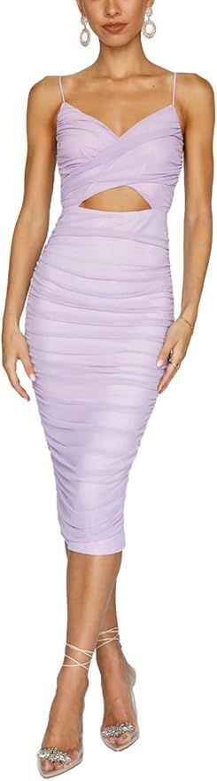 Pofash Women's One Shoulder Sleeveless Mesh Ruched Cocktail Club Party Midi Bodycon Dress | Amazon (US)
