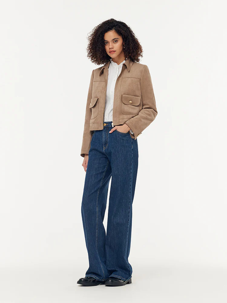 Faux Suede Zip-Up Women Lined Crop Jacket | GOELIA