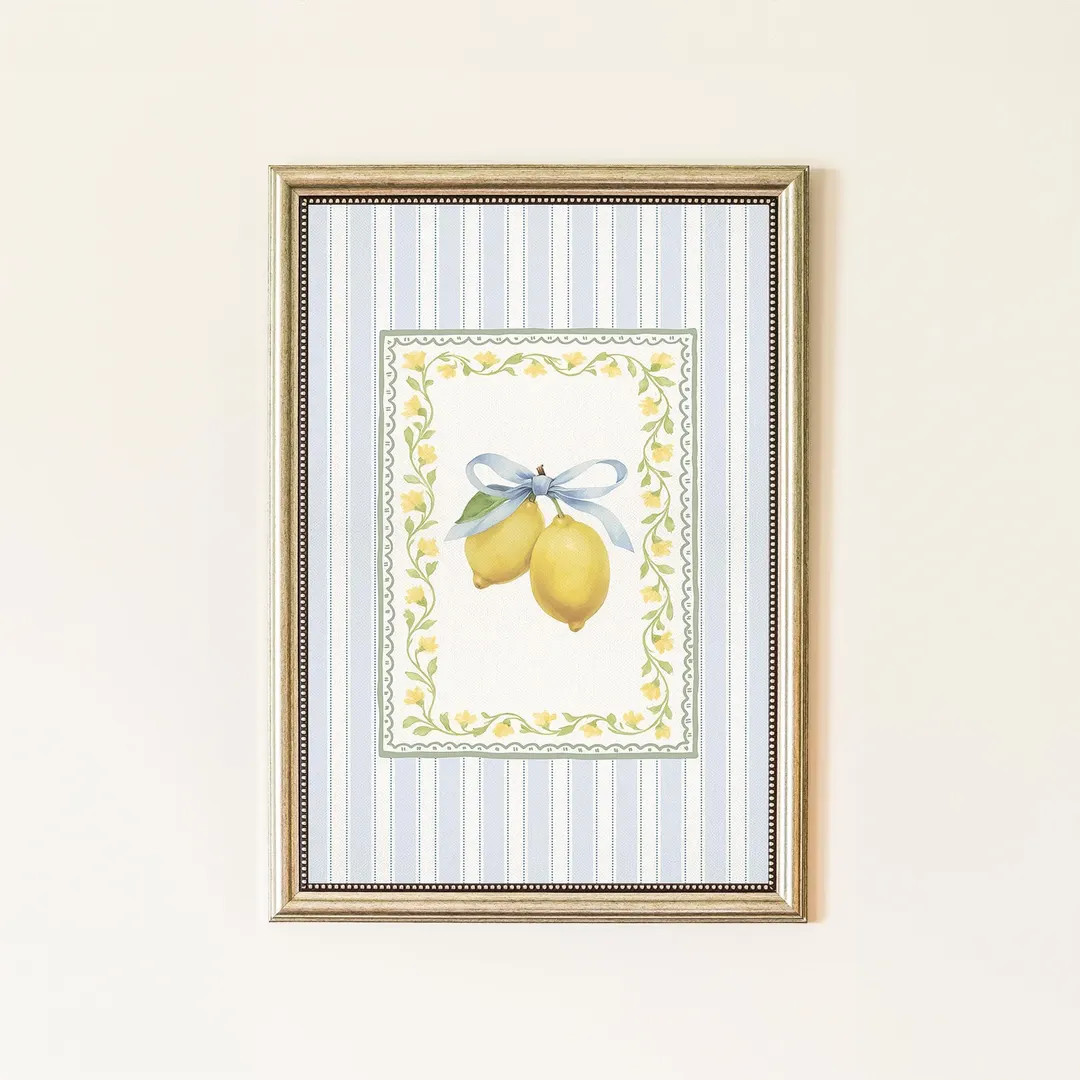 Coquette Lemon Stripe Wall Art, Grandmillennial Blue Bow Fruit Printable, French Country Kitchen ... | Etsy (US)