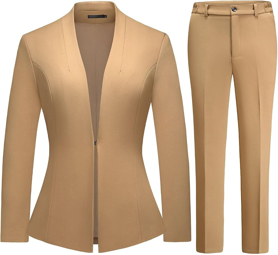 Lamgool Women Suit 2 Piece Open Front Blazer Pants Set Slim Fit Business Casual Outfits | Amazon (US)