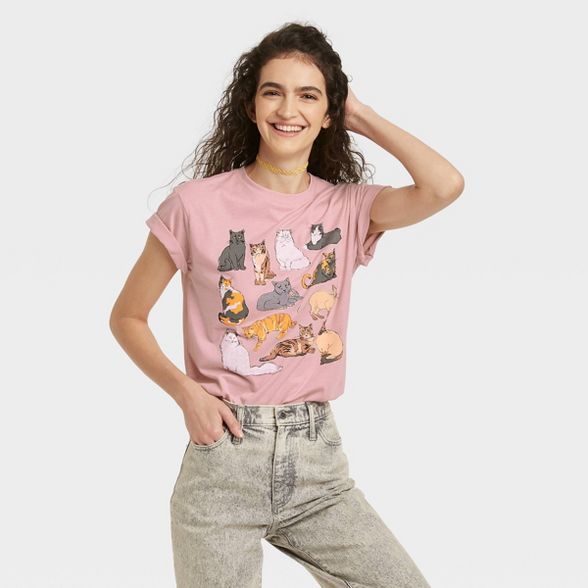 Women's Cat Grid Short Sleeve Graphic T-Shirt - Pink | Target