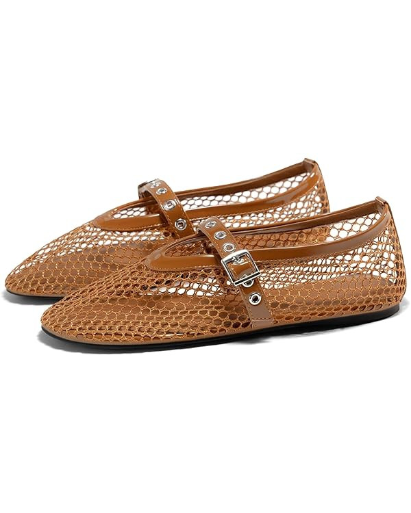 Coutgo Womens Mesh Ballet Flats Mary Jane Fishnet Ballerina Buckle Strap Comfortable Causal Dress... | Amazon (US)