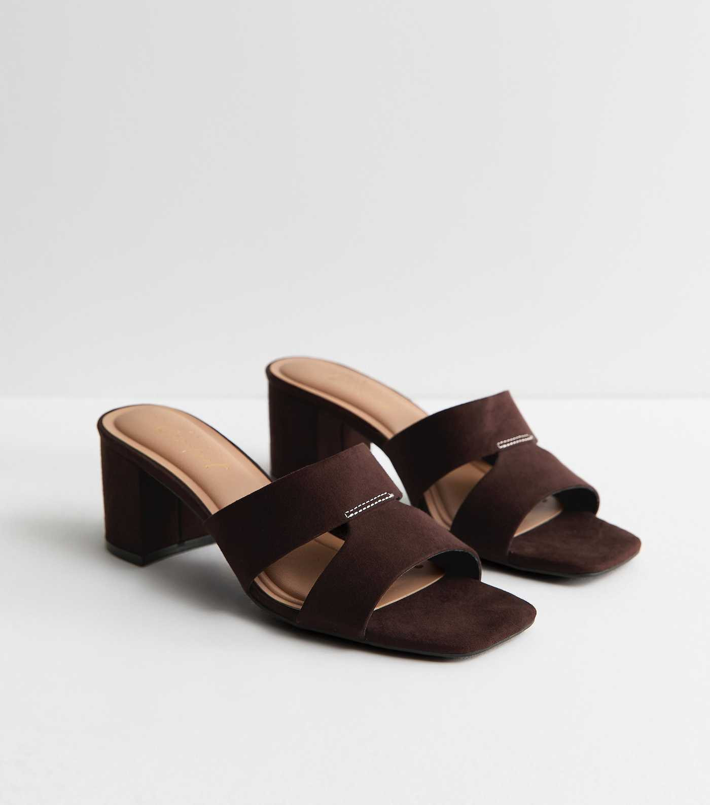 Dark Brown Faux Suede Cut Out Strap Block Heel Mules | New Look | New Look (UK)