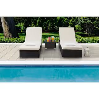EDYO LIVING Black 3-Piece Rattan Wicker Adjustable Outdoor Chaise Lounge Chair with Beige Cushion... | The Home Depot