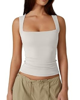 QINSEN Womens Tank Top Sleeveless Square Neck Casual Basic Fitted T- Shirts White M | Amazon (US)