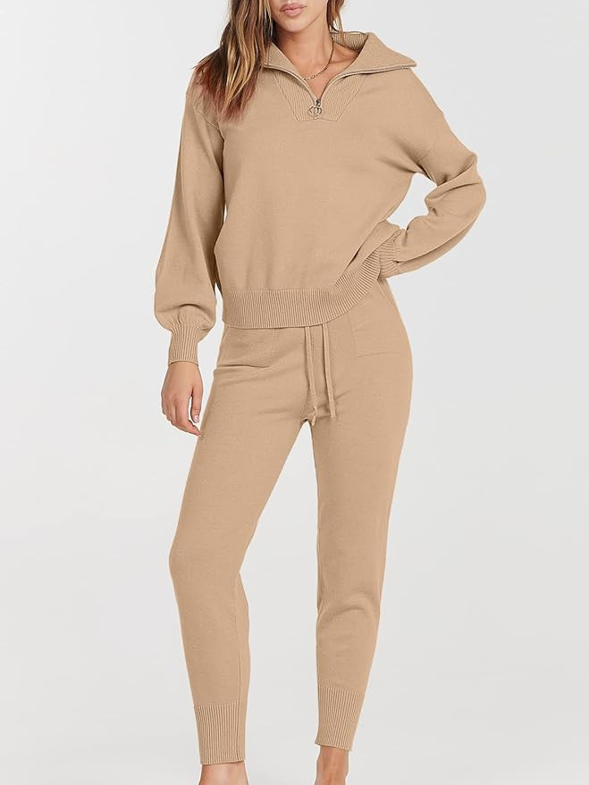 ANRABESS Women's Two Piece Outfits Sweater Sets Long Sleeve Zip Up Knit Pullover Jogger Pants Tra... | Amazon (US)