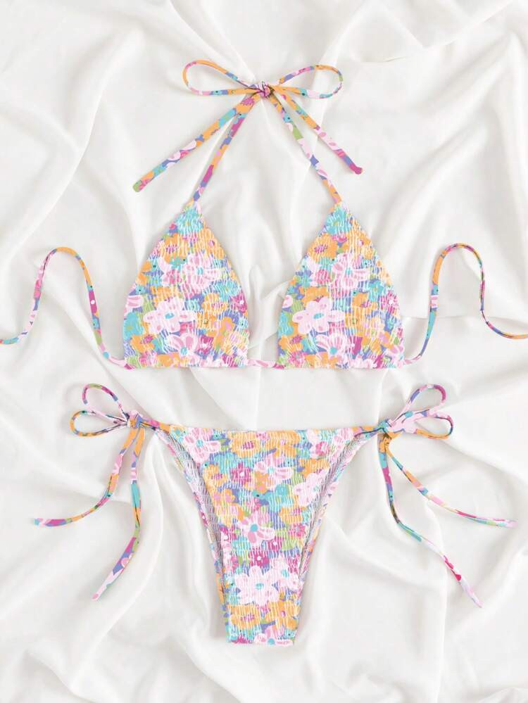 Floral Print Halter Triangle Tie Side Bikini Swimsuit | SHEIN
