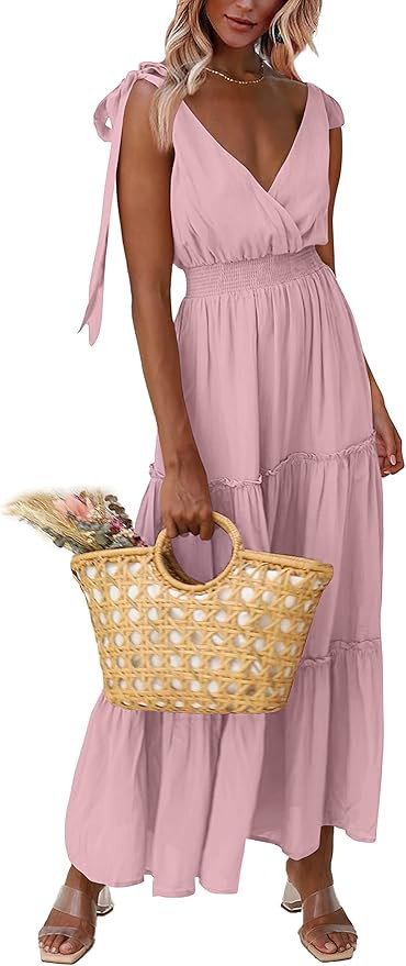 PRETTYGARDEN Womens Cross Neck Sleeveless Tiered Beach Tie Strap Smocked Maxi Dress | Amazon (US)