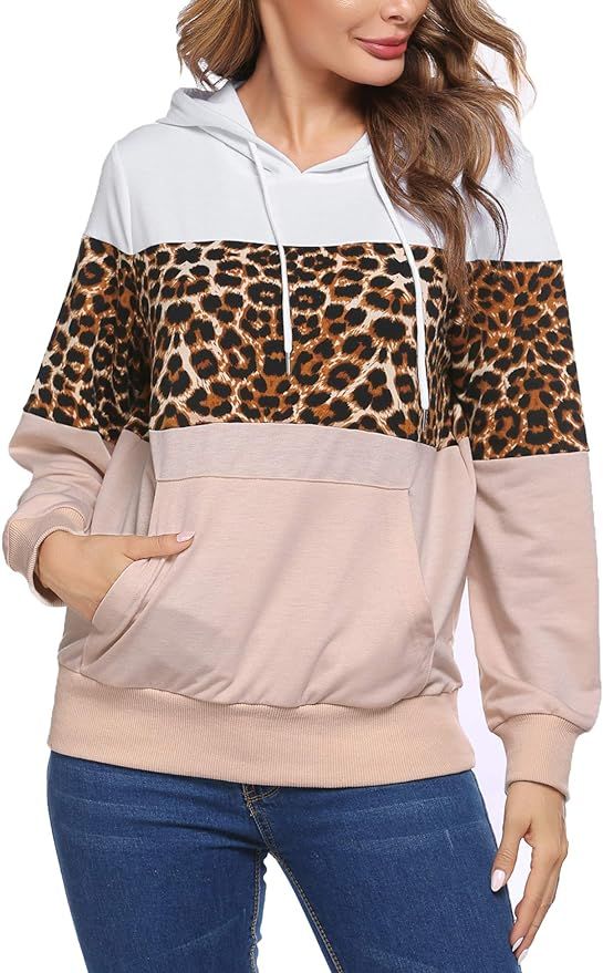 HOTLOOX Women Leopard Hoodies Color Block Pullover Sweatshirts Kangaroo Pockets | Amazon (US)