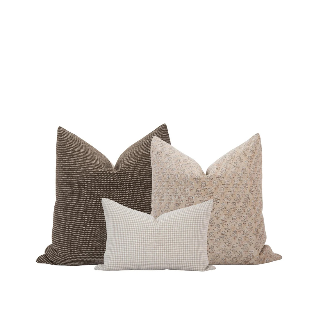 Neutral Pillow Cover Combo Brown Pillow Set Modern Farmhouse Pillow Block Print Pillow Gingham Pi... | Etsy (US)